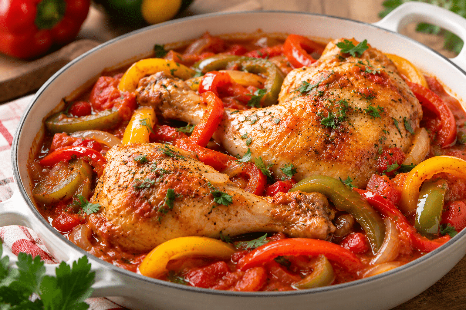 Cuisses de poulet braisées aux poivrons et sauce tomate dans une poêle, garnies de persil frais.