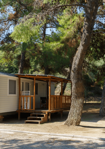 Mobil-home blanc avec terrasse en bois et escalier, niché sous de grands pins dans un environnement de camping ensoleillé.