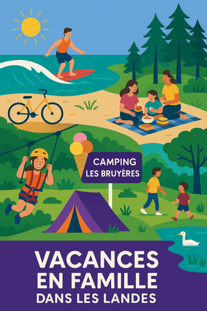 Illustration d'activités familiales au Camping Les Bruyères dans les Landes, avec plage, forêt, vélo, tyrolienne et camping
