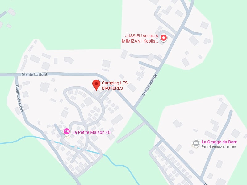 Carte localisant le Camping Les Bruyères, La Petite Maison 40, La Grange du Born (fermé), et Jussieu Secours à Mimizan, avec les rues Rte de Laffont et Rte de Menoy.