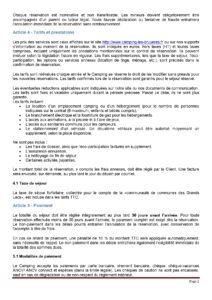 Conditions générales du camping détaillant les articles 4 (Tarifs et prestations) et 5 (Paiement), incluant les taxes de séjour et modalités de règlement.