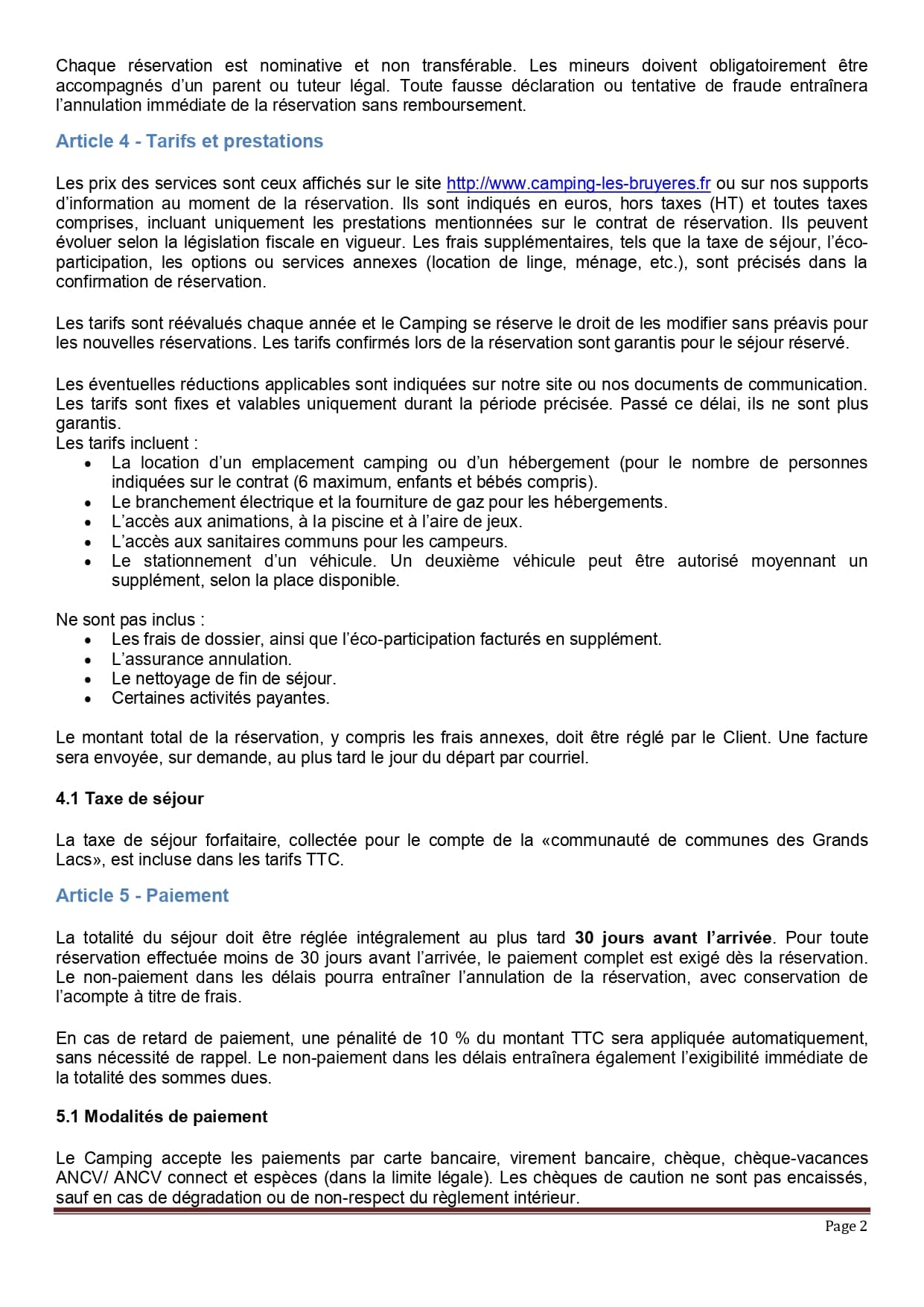 Conditions générales du camping détaillant les articles 4 (Tarifs et prestations) et 5 (Paiement), incluant les taxes de séjour et modalités de règlement.
