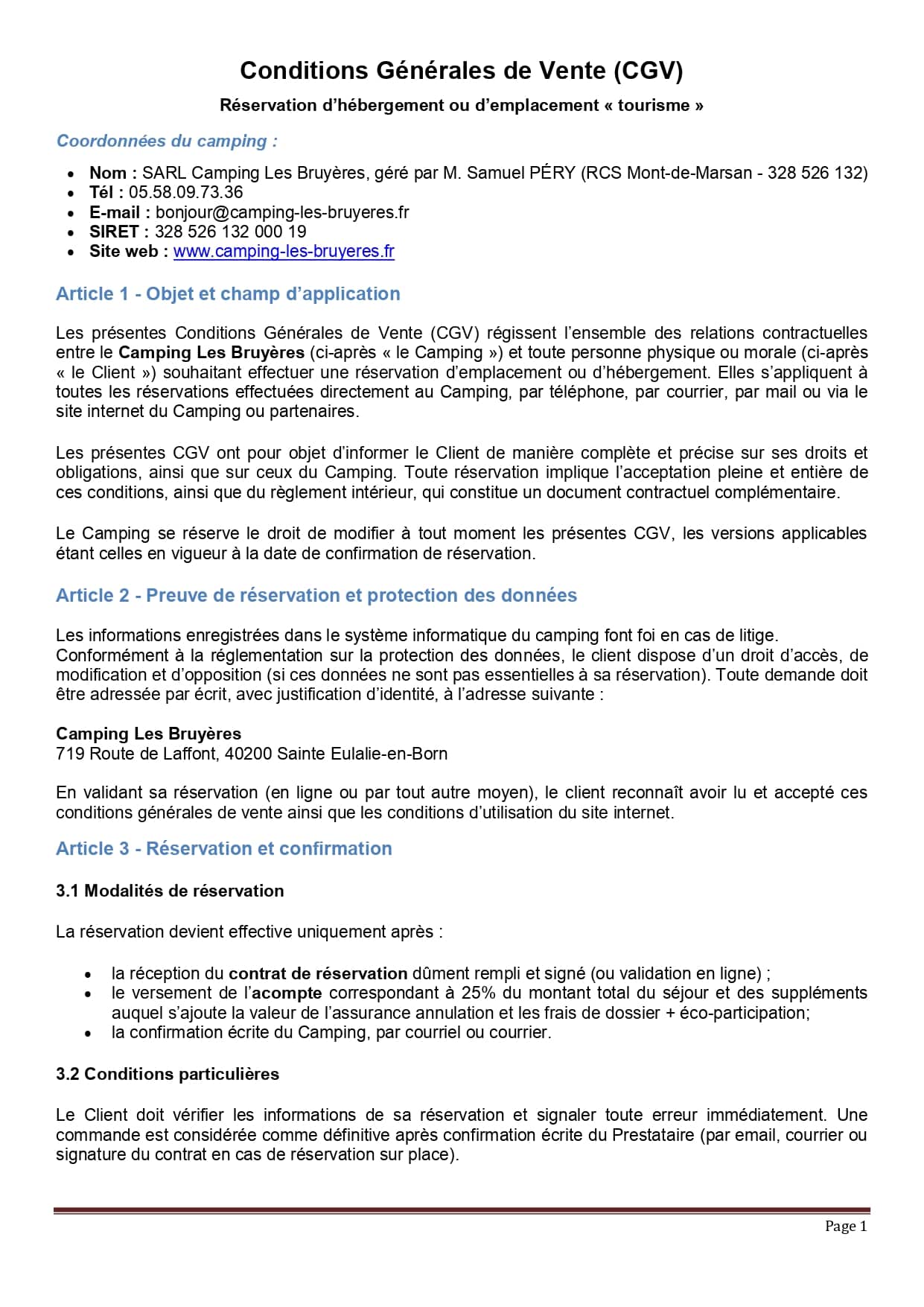 Conditions Générales de Vente (CGV) du Camping Les Bruyères (SARL Camping Les Bruyères), détaillant réservation, données et modalités.