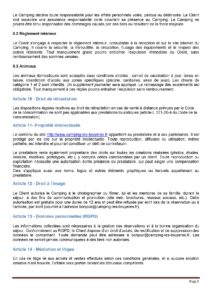 Page 5 des conditions générales du Camping incluant les articles 9.2 à 14 : Règlement intérieur, animaux, droit de rétractation, propriété intellectuelle, droit à l'image, RGPD et médiation/litiges.