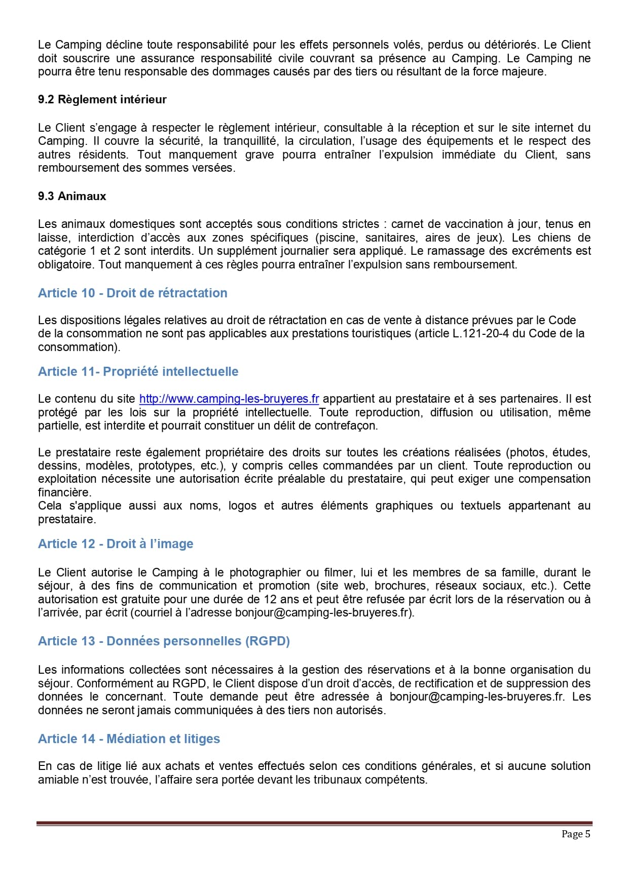 Page 5 des conditions générales du Camping incluant les articles 9.2 à 14 : Règlement intérieur, animaux, droit de rétractation, propriété intellectuelle, droit à l'image, RGPD et médiation/litiges.