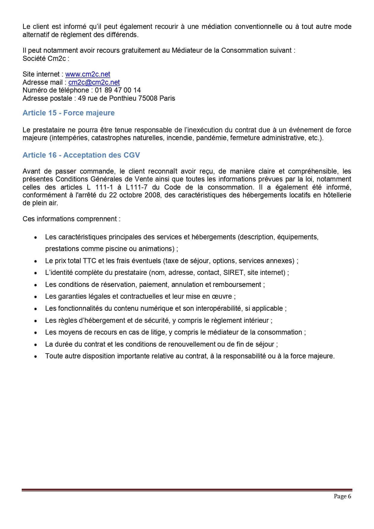 Page 6 des CGV informant le client sur la médiation, les mentions légales (CM2C, site, contact) et les articles 15 (Force majeure) et 16 (Acceptation des CGV).