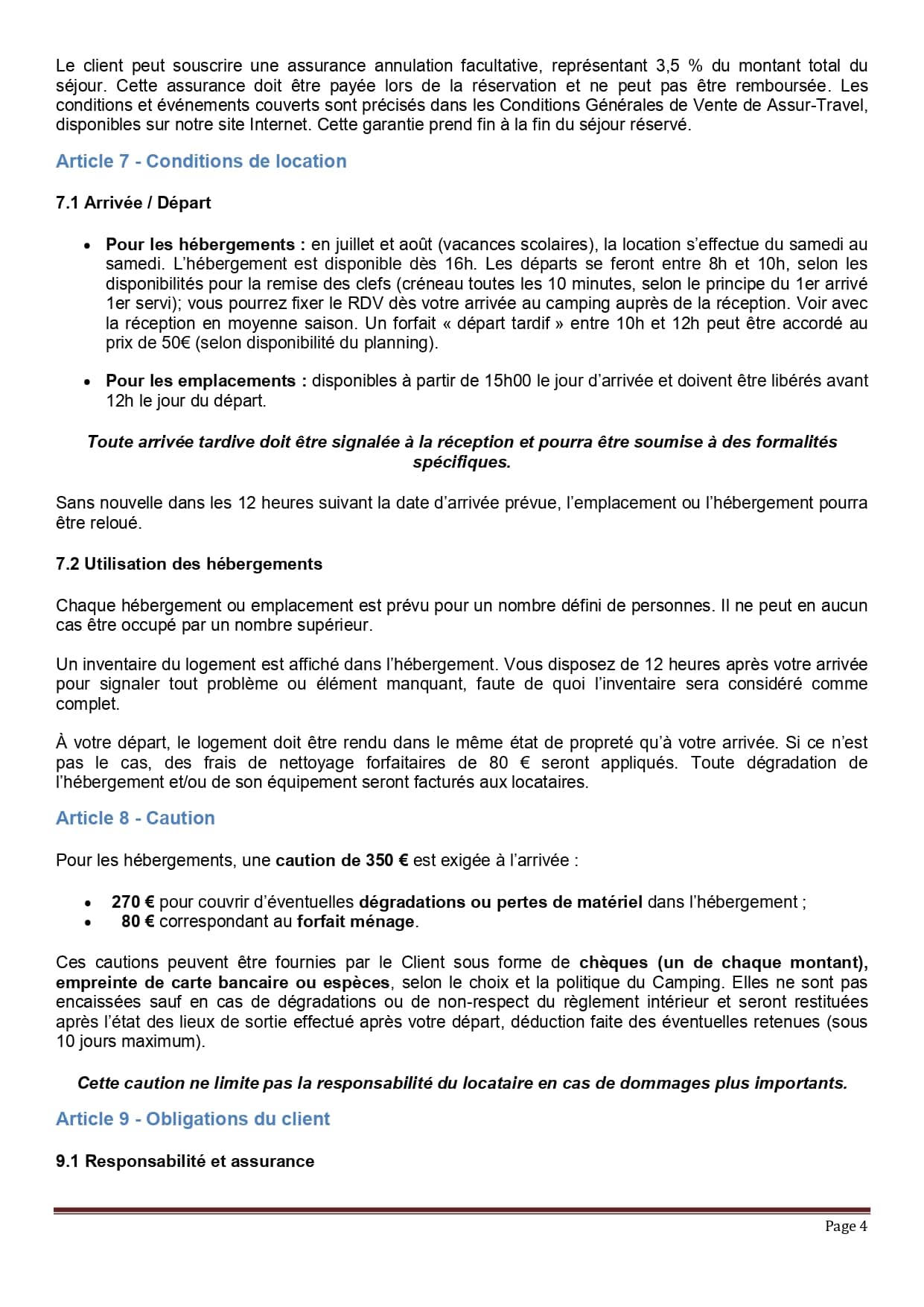 Conditions de location d'hébergement et d'emplacement : arrivée/départ, caution de 350€, obligations du client. Page 4.